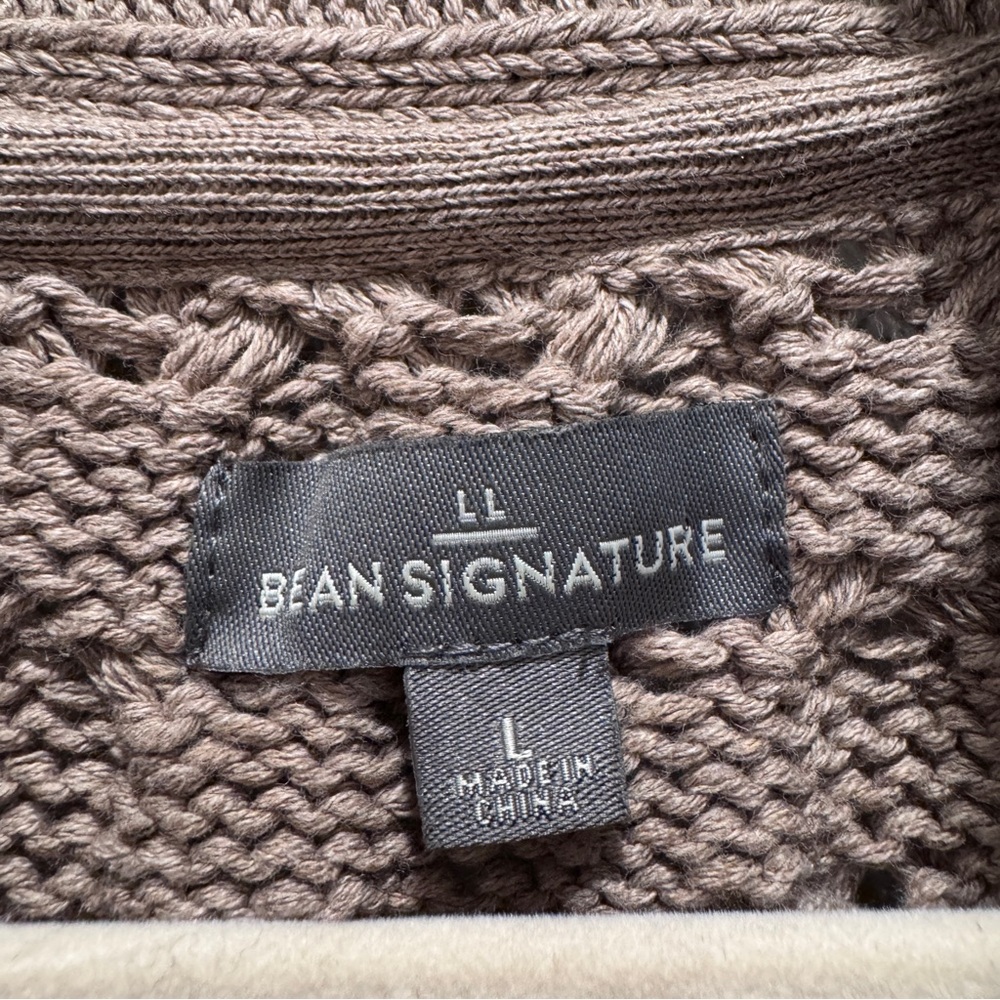 LLBean Signature Fisherman Cable Knit Sweater Cardigan Grandpa Cotton Brwn Tan L - Picture 2 of 16